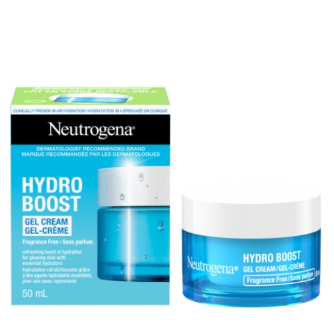 Front shot of Neutrogena® Hydro Boost Gel Cream, Fragrance-Free, 50 mL jar next to the packaging