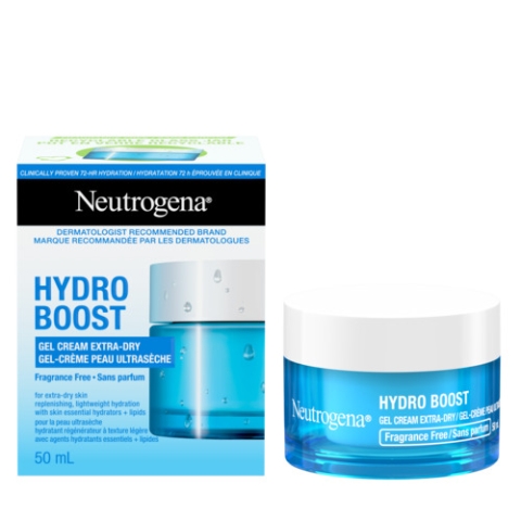 Front shot of NEUTROGENA® Hydro Boost Gel Cream Extra Dry, jar 50mL with its packaging