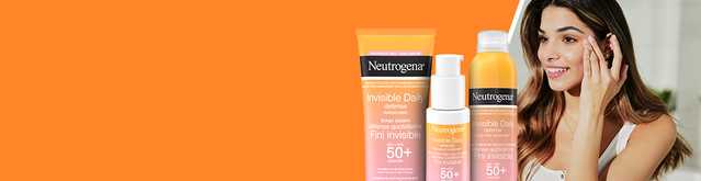 Banner including a young woman applying sunscreen to her face next to Neutrogena® Invisible Daily Defense Sunscreen SPF 50+, Body Mist Sunscreen SPF 50+ and Face Serum Sunscreen SPF 50+ products