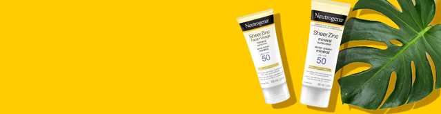 Banner including two Neutrogena® Sheer Zinc Mineral Sunscreen SPF 50, squeeze tubes, 88 ml and 59mL and a monstera leaf.