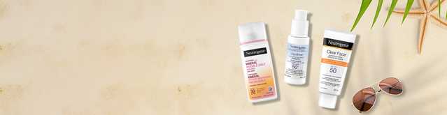 Banner including Neutrogena® CLEAR FACE® lotion Sunscreen SPF 50, Purescreen+™ Invisible Daily Defense Mineral Face Sunscreen SPF 30 and ULTRA SHEER® Face Serum Sunscreen SPF 50