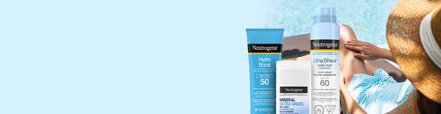 Banner including Neutrogena® Hydro Boost sunscreen SPF 50, Mineral ULTRA SHEER® Dry-Touch Sunscreen Stick SPF 50 and ULTRA SHEER® Body Mist Sunscreen SPF 60 products