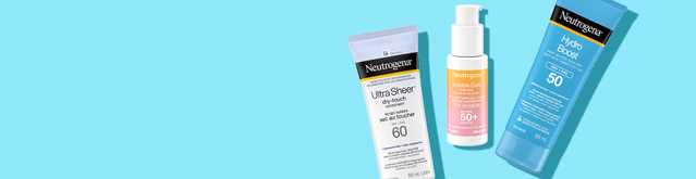 Banner including Neutrogena® ULTRA SHEER® dry-touch sunscreen SPF 60, Invisible Daily Defense Face Serum Sunscreen SPF 50+ and Hydro Boost Gel Lotion Sunscreen SPF 50