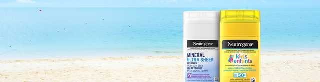 Banner including Neutrogena® Kids Sunscreen Stick SPF 50+ and ULTRA SHEER® Dry-Touch Face & Body Stick Sunscreen SPF 50