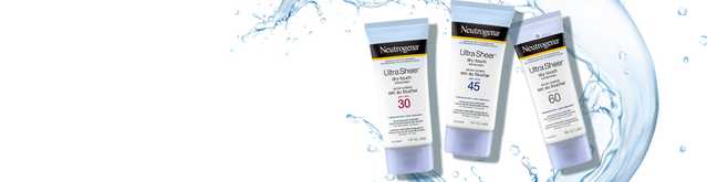 Banner including three Neutrogena® Ultra Sheer® sunscreen, squeeze tubes, SPF 30, 45 and 60.