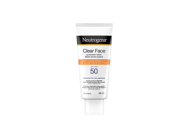 Front shot of Neutrogena® Clear Face® Sunscreen Lotion SPF 50 squeeze tube, 88mL