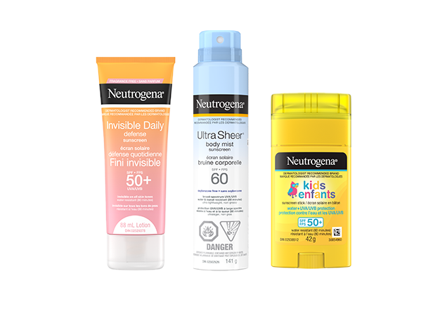 Front shot of Neutrogena® Invisible Daily Defense Sunscreen SPF 50+, Ultra Sheer Body Mist Sunscreen SPF 60 and Kids Sunscreen Stick SPF 50+