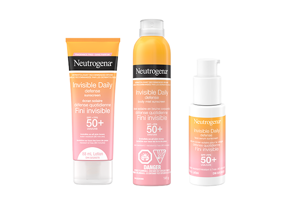 Front shot of Neutrogena® Invisible Daily Defense Sunscreen SPF 50+, Body Mist Sunscreen SPF 50+ and Face Serum Sunscreen SPF 50+