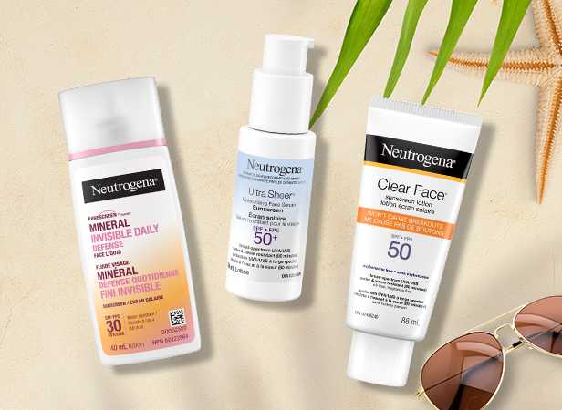 Neutrogena® CLEAR FACE® lotion Sunscreen SPF 50, Purescreen+™ Invisible Daily Defense Mineral Face Sunscreen SPF 30 and ULTRA SHEER® Face Serum Sunscreen SPF 50