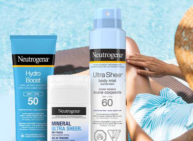 Neutrogena® Hydro Boost sunscreen SPF 50, Mineral ULTRA SHEER® Dry-Touch Sunscreen Stick SPF 50 and ULTRA SHEER® Body Mist Sunscreen SPF 60 products