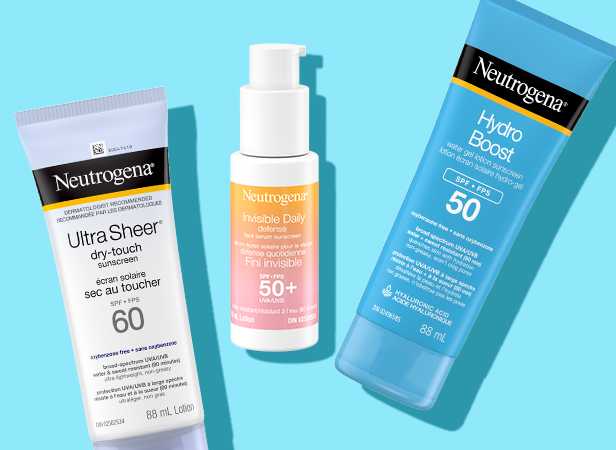 Neutrogena® ULTRA SHEER® dry-touch sunscreen SPF 60, Invisible Daily Defense Face Serum Sunscreen SPF 50+ and Hydro Boost Gel Lotion Sunscreen SPF 50