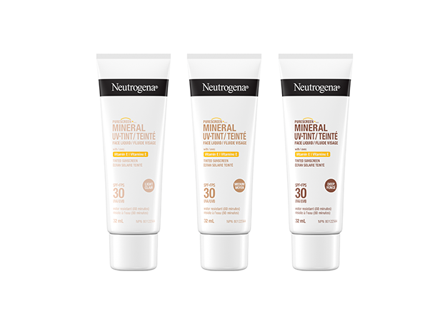 Front shot of three Neutrogena® PURESCREEN® Mineral Tinted Sunscreen SPF 30 Products in Light, Medium and Deep tones, 32mL each.