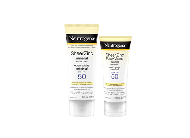 Front shot of Neutrogena® Sheer Zinc™ Mineral Sunscreen SPF 50 in 88 mL and 59mL squeeze tubes