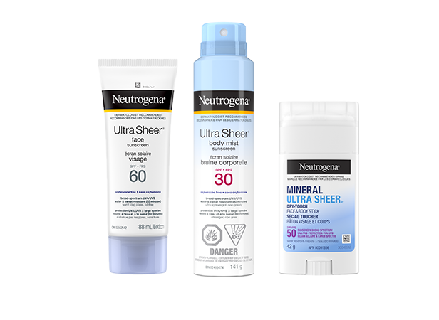 Front shot of Neutrogena® ULTRA SHEER® Face Sunscreen SPF 60, Sunscreen Mist SPF 30 and Dry Touch Face and Body Sunscreen Stick SPF 50